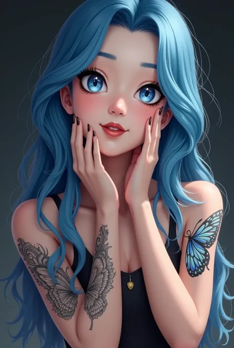 1girl, Solo, Smile, Blue eyes, Blue Hair, Long Hair, fluffy hairstyles High Resolution, 1girl, 20years old model with (( butterfly tattoo on her arms )))(( and dragon tattoo on her hand)) High Resolution, los Angeles model , luxuriant eye lashes, glossy br...