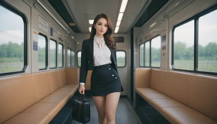 Beauty,Long brown hair, black miniskirt suit,While standing on the train, roll up the hem of the skirt and lower the pants to the knee,8k,