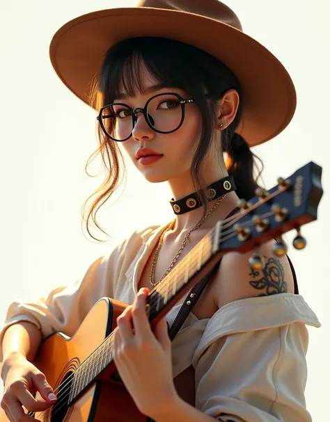 (((Ultra detailed, Megapixel))) Create an explosive and visually dynamic photo realistic image featuring., It is a full body Portrait of a Folk country guitarist Women, with folk Guitar, pigtail hairstyle, cool eyeglasses, brown country cap, white and brow...