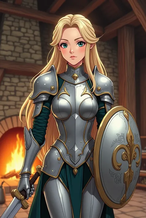 A petite woman with long, flowing blonde hair styled loosely, cascading naturally down her back. She is wearing a detailed silver Valkyrie-inspired armor, with intricate engravings and a polished metallic finish. The armor is designed with clean lines and ...