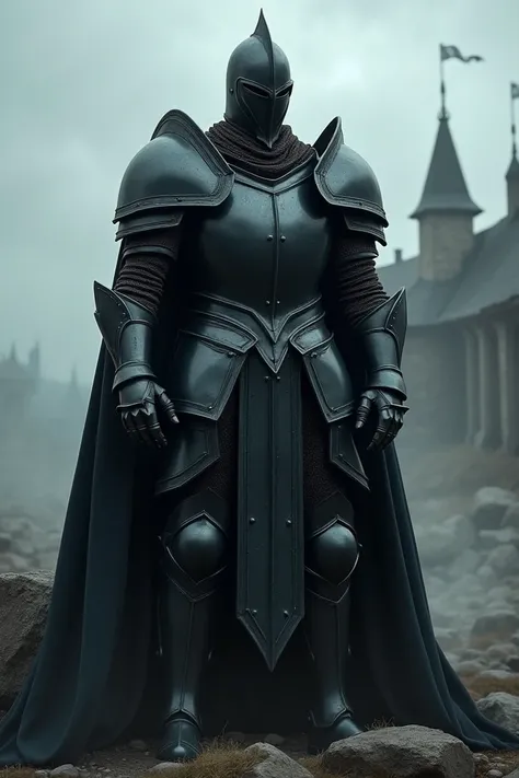 (((man))) , knight, dark metal armor, Full face helmet, (((whole body))),  medieval landscape , gloomy landscape,