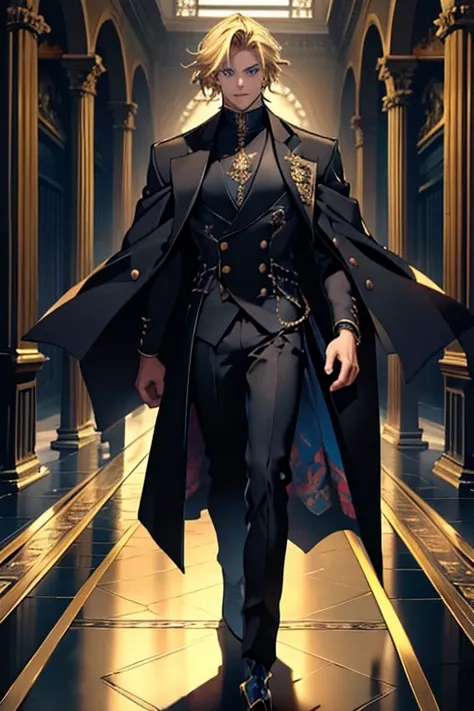 masterpiece, 8k, man, 21st century,  blond hair ,  blue eyes , in a black suit, black floor-length coat on the shoulders, rich,  gold jewelry ,  High quality racer, deep color,  stands at full height, protection