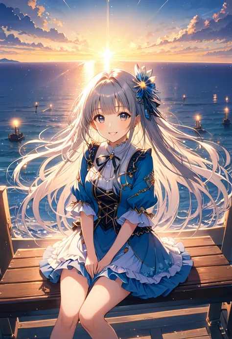 masterpiece、 best quality、 super detailed、 there is nothing、  very detailed CG、 Beautiful Idol Costumes 、最も美しいPierの夜景、  Blue Sky and White Clouds  、Pierの周辺を歩く姿、Beautiful Solo Girl 、Idol&#39;Smile、  silver-haired、  facing the ocean 、Long Hair、  silver-haire...