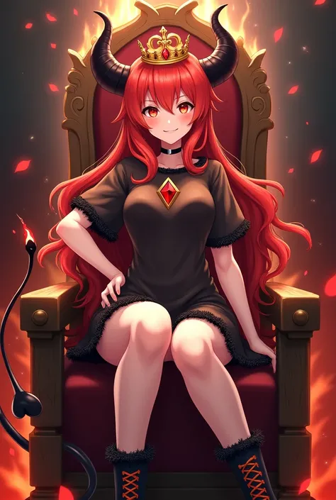 Adult girl [height 1.76 meters]intimidating red eyes ,red hair with yellow highlights , their hair is half red and half yellow , the hair is yellow and red ,  she has a princess crown on her head and in front of the crown she has a red gem , has an intimid...