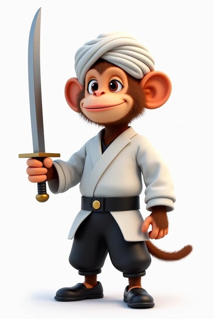 You are an expert make me an animated acquaintance monkey mascot,  wearing white surban ,  standing holding Mandau  (or sword ), wear a white shirt with a black robe,  using black shoes and white background