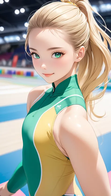 Highest quality、Best image quality、masterpiece、One Girl、26 years old、Best Bust、Big Breasts、Beautiful Eyes、blonde, Green Eyes、untie ponytail、Long Hair、Natural smile、female gymnastics athlete, Colorful long sleeve leotard、High Leg、from the front、cowboy shot,...