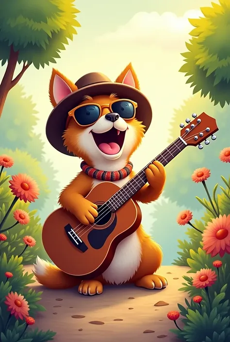 A whimsical and vibrant illustration of a dog playing a guitar outdoors. The dog is anthropomorphic, sitting upright, wearing sunglasses and a cool hat. It strums the guitar enthusiastically in a lively setting with trees, flowers, and a bright sunny backg...