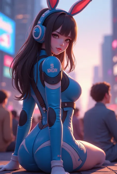 whole body,（masterpiece：1.2）,  cute teenage Japanese woman ,bodysuit,Round ass,Rear view,  cheering crowd ,Crowd background,Photographer,d. VA Professional Equipment , High Performance D .VA Details , best quality、masterpiece、4K, 8k， super detailed、 high d...