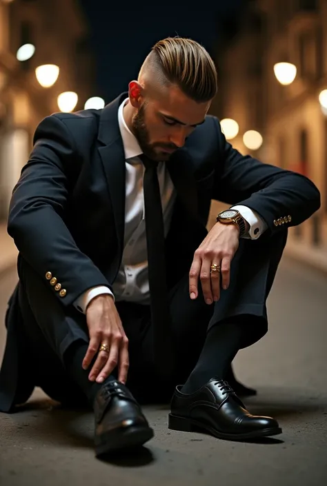 full large length view of a handsome  white european Businessman with extremely preppy perfect undercut haircut, in dapper suit, tie, elegant shoes and black socks luxurious watch, golden rings, seated on ground, feeling and kissing the  socked feet of a y...