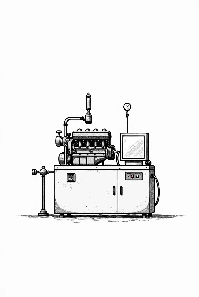 A TEST BENCH ON A DIESEL ENGINE DRAWN SIMPLY AS ON A 2D SHEET IN BLACK AND WHITE/AS IF I HAD DRAWN IT