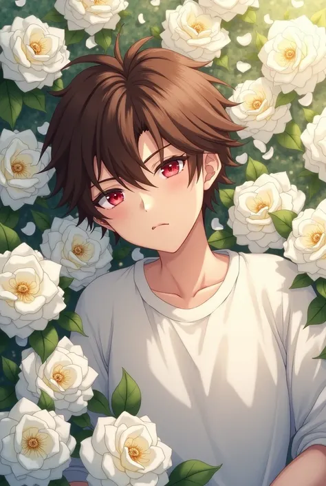 Boy with red eyes brown hair ,  his eyes squinted with serius face (slightly effeminate )  is lying in lots of white roses estilo anime cuerpo completo 