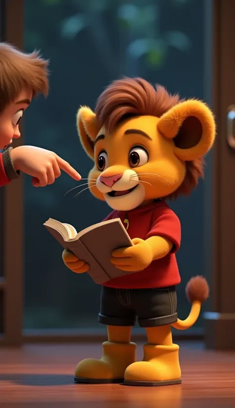   3D animation a cute baby lion cub,  medium size brown funcky hair a black shorts and red t-shirt. Yellow boot.  night image

The principal, leaning forward slightly with a questioning expression, pointing at the book in lions hands, while lion looks conf...