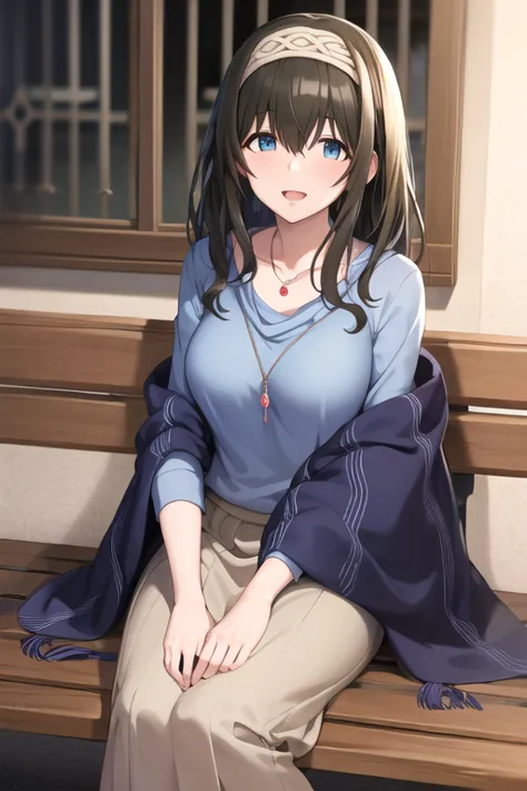 masterpiece,  best quality,  high definition , aafumika,  The Idolmaster, Long Hair,  headband, clavicle,  Necklaces ,  blue sweater that tilts forward , Blue shawl,  brown skirt ,  is sitting, Wavy,  open your mouth, bench, smile