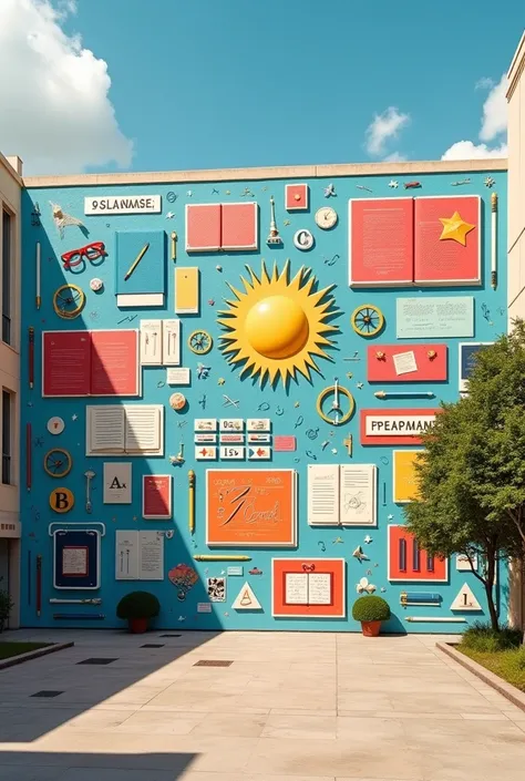 Look at the world
University mural ，The rectangular ， expands left and right
The content is stationery，book，mathematical musical symbols， No people or plants
Simple structure，Bright colors
