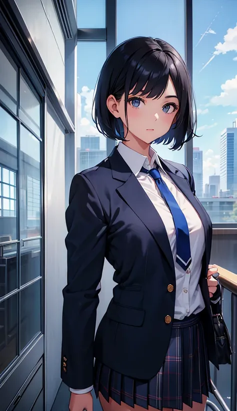  A beautiful girl is standing in the school hallway, viewer , navy blue blazer, white blouse , plaid pleated skirt ,black plaid tie ,Slim physique , flat chested,( Short Bob Black Hair ),A window with a view of the blue sky,High image quality