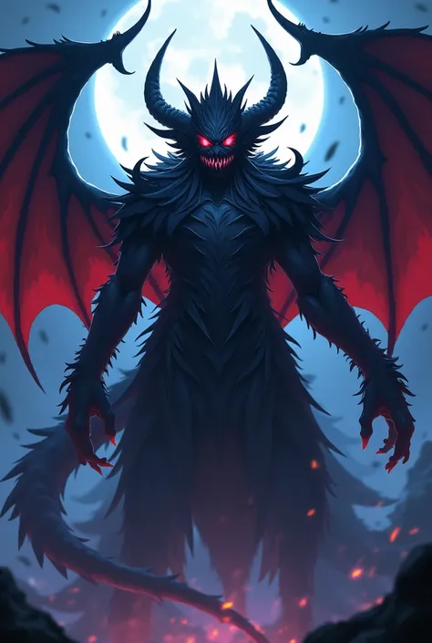 4 meters tall but with beautiful face with black eyes monster,in anime gacha style, with a big crown as a King and big bat wings,vampire teeth on a black background , boy