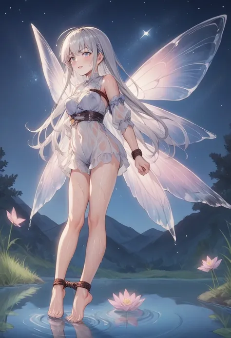 score_9, score_8_up, score_7_up, score_6_up, score_5_up, 
score_4_up,evaluation_explicit,source_anime,
BREAK
Silver-haired woman, long hair,dragonfly wings growing from her back
BREAK
White clothes, wet and see-through, clinging to the body, no pants、Bonda...