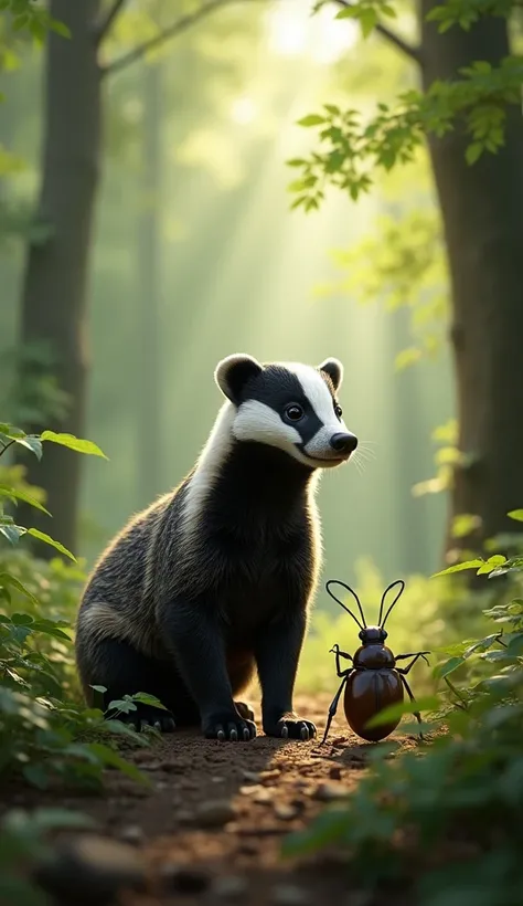 Badger in front of a small cerambycidae in the forest 