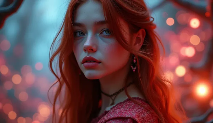 A dark-red long-haired girl, psychedelic lights, alice in wonderland, detailed face, beautiful eyes, beautiful lips, hyperrealistic, 8k, high quality, vibrant colors, intricate details, surreal atmosphere, dreamlike, fantasy, ethereal, glowing lights, dept...