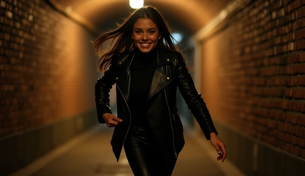  creating the image of a Brazilian woman ,  with long dark hair .  She is dressed all in black and leather ,  with a black turtleneck under her jacket. Shes not holding anything and her arms are down.  she seems to be happy running through an exposed brick...