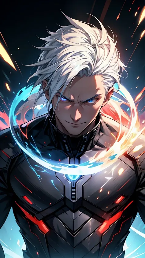 1 boy,  full body shot , bakurama ,  mesmerized in the eyes , black suit, white hair, battle position,  red magic energy id on the right , empty of blue magic energy on the left, smirk,  Red and Blue Aura Background ,  wallpaper, cinematic,8K high resoluti...