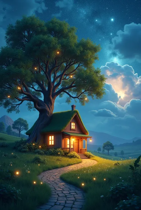 A cozy, storybook-like cottage surrounded by lush green fields, illuminated warmly from within. A giant, majestic tree stands nearby, its branches glowing with small golden lights, resembling fireflies. The night sky above is stunningly detailed, filled wi...