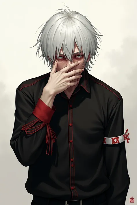 A white-haired man wearing a black blouse with red lines, the sleeve of the blouse covering half of the mouth ,  a slap on the back with the same colors as the blouse ,  the disheartened face with dark circles under the eyes .