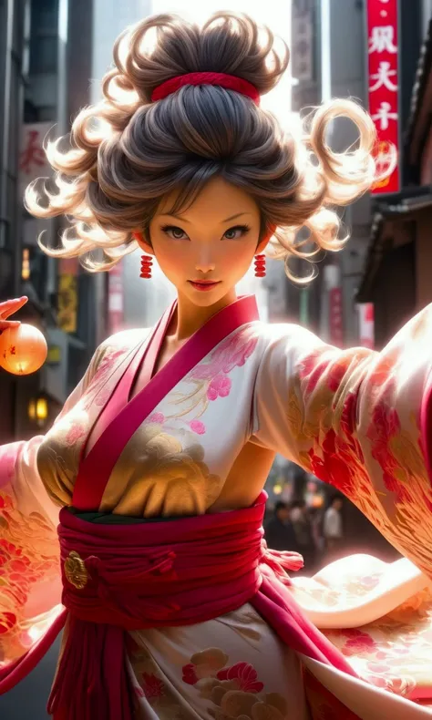 A magical girl (cute woman, age 40, breast over exposed, intricate Chinese robe, fancy Chinese hairstyle) is in a casting action pose, a ball of energy forms up before her, downtown Tokyo, viewed from a low angle, show all of her
