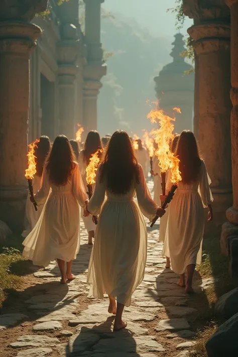 Women walking barefoot dressed in white with a fire torch in their hands on an ancient path
