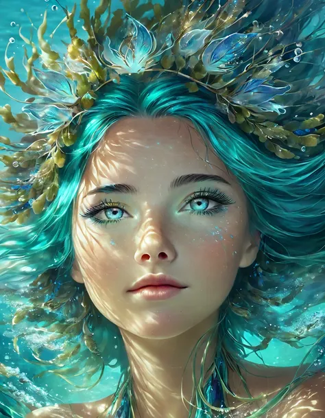  In a mesmerizing close-up , a woman shines like a  "Ocean Princess ". Your skin, soft and bright,  reflects the turquoise and coral tones of the ocean ,  while her hair flows like the waves ,  adorned with small shells and sparkles of glitter .

The eyes ...