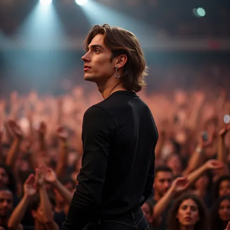 Standing centre stage before thousands, an 18-year-old pretty boy with light to light tan skin captures the crowds attention. His mid-length, thick brown hair, lightly highlighted, falls in soft, wavy curtains that frame his face and rest just off his fore...