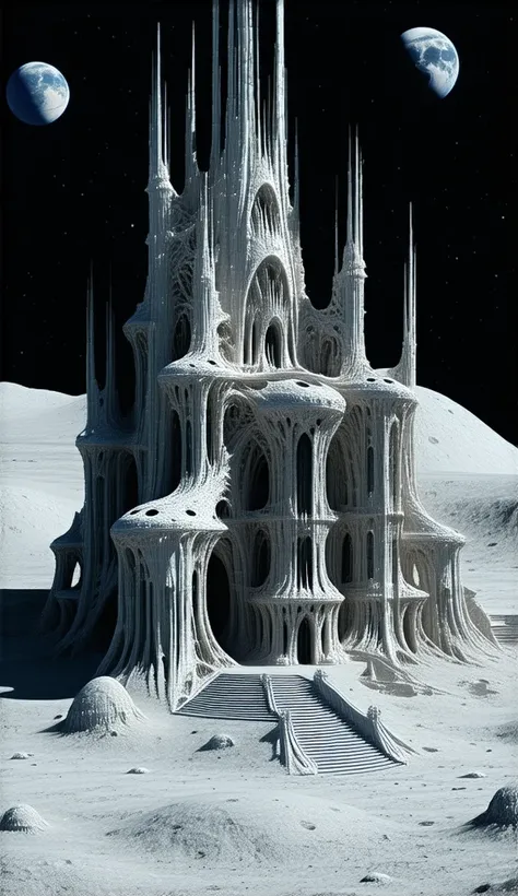 moon base in the style of hr giger aesthetics. the architecture is intricate and grotesque with aliens design based on hr gigers arts. earth can be seen in the sky.