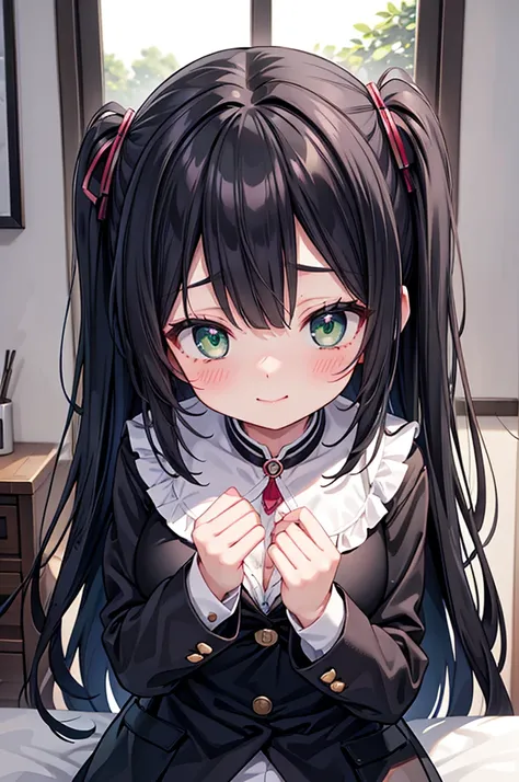  1 beautiful girl with pieces ,16-year-old girl,Baby Face, high definition , Long Hair, ,Big Breasts, Big Breasts , Busty, blush,Teary-eyed, smiles, ,anime,Green Eyes, black hair,uniform,front,Kiss,