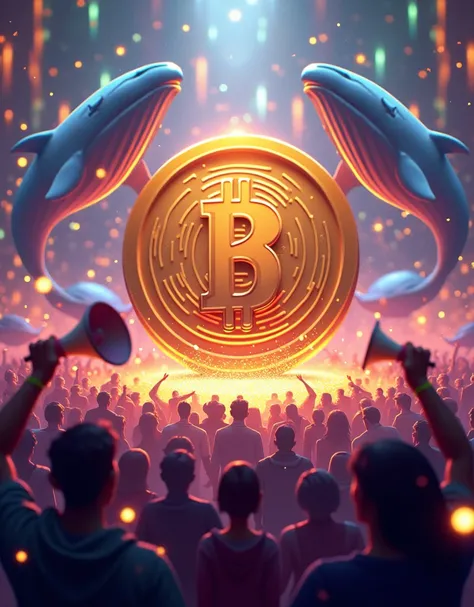  "A bustling virtual crowd rallying around a giant, shiny coin with a playful, cartoonish logo. Influencers hold glowing megaphones, and whales are depicted as holographic, swimming around. The atmosphere is festive and chaotic, with colorful confetti and ...