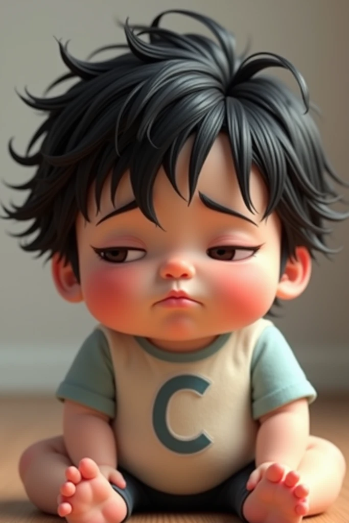 baby sitting with black hair the name "C" on the chest with mischievous look and making a sad face