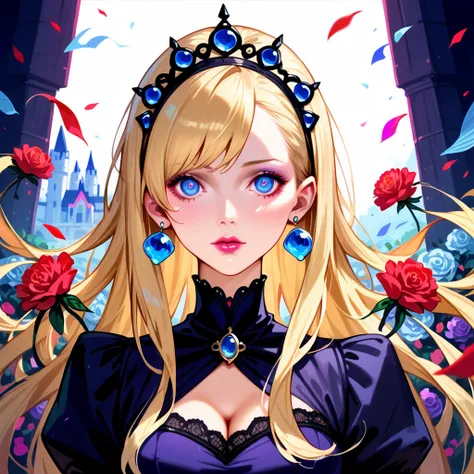 Georgie Hobday,1, pixar style, portrait of a goth queen, black lace, black filigree Crown and jewelry,artwork by granblue fantasy, Riot Games, ilya kuvshinov, akihiko yoshida, krenz cushart, artstation, high quality, amazing castle background by ghibli, wi...