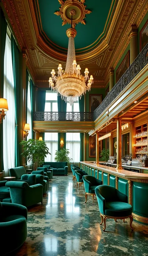 "A grand, luxurious bar interior, richly adorned with emerald green velvet furnishings and gold accents. The high, ornate ceiling boasts intricate, gold-leafed moldings and a central dome, painted in a deep teal hue. Large windows allow natural light to fl...