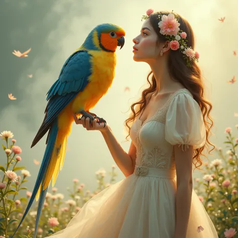 Ethereal fantasy hyperdetailed painting. Close up. A woman holds a large, colorful bird on her hand, wearing a long, flowing summer dress adorned with flowers. Thomas Kinkade style. Soft, feathery plumage on the bird. Delicate, intricate patterns on the gi...