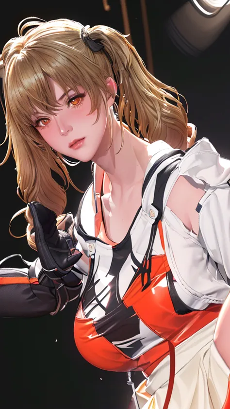 (（（figure，御姐figure,White and tender skin,（（（FenNib , long_sleeves_skirt, red_single_thighhigh, thigh_holster, elbow_gloves, strap, ）））,(（（twintails, Blonde_hair, orange_eyes,））),，((masterpiece)), highres icon,((Best quality at best)),masterpiece,quality,Be...