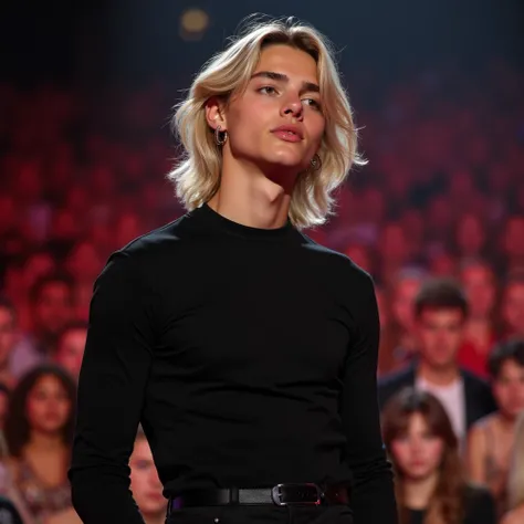 Standing centre stage before thousands, an 18-year-old pretty boy with light to light tan skin captures the crowds attention. His mid-length, thick dirty blonde hair, lightly highlighted, falls in soft, wavy curtains that frame his face and rest just off h...