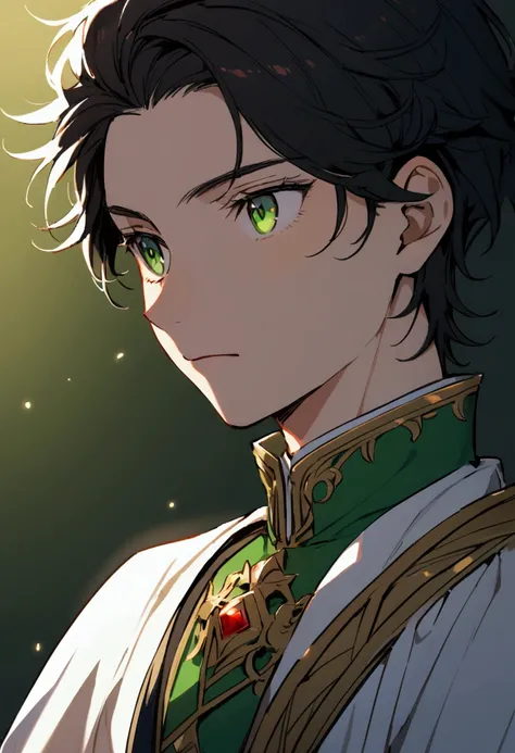 A young man with short black hair, bangs, unstyled, bright green eyes, is a prince.  