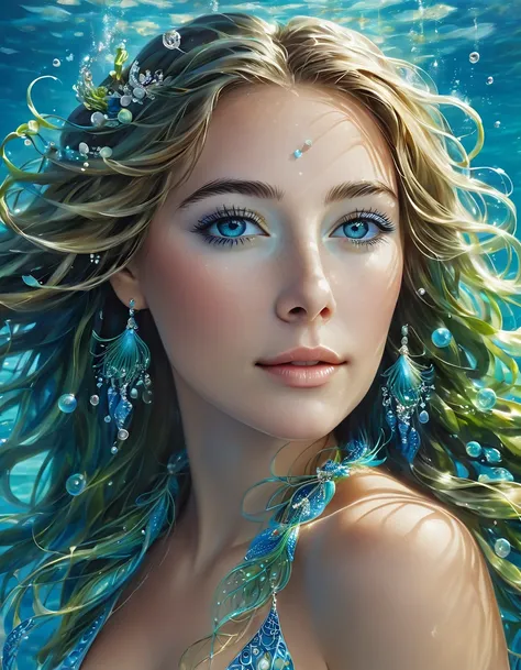 In a fascinating close-up ,  a woman appears as the  "Ocean Princess ",  radiating an air of mystery and charm . Your skin,  soft and glowing ,  reflects the tones of the ocean ,  with flashes of blue and green that highlight their natural beauty .

His ha...