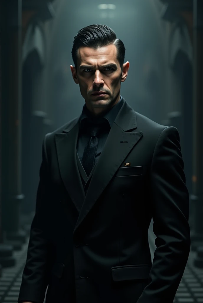 A dark-haired man with slightly elongated skinhead hair wears a black suit with a sharp face, a dark, attractive background, sharp eyes, a sharp blow, a Jane dress in which the suit bears the DMH mark. 