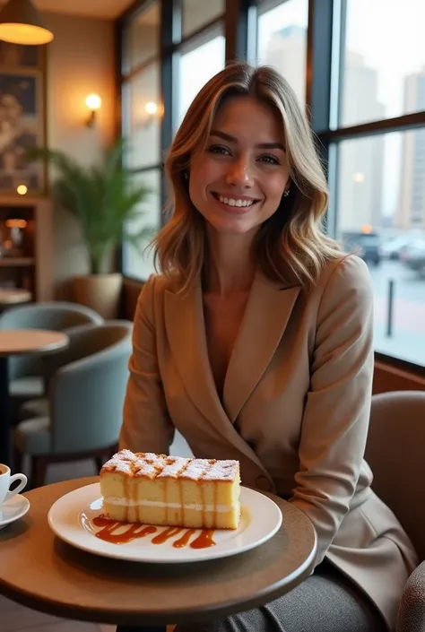 Ann Oginova has a coffee cake at a cafe in Dubai