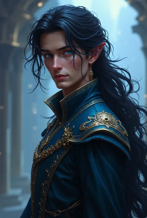 a young man in his twenties, from the world of fantasy, he is a prince from the airkingdoms, the young man is handsome, extremely pronounced and sharp features, a strong jaw, sapphire blue eyes, long coal black hair, tall and handsome.