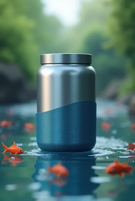 GENERATE A PRODUCT IMAGE OF A SILVER AND DARK BLUE PLASTIC CONTAINER , THE THEME IS RIVERS AND FISH AND THE PRODUCT TO BE SOLD IS A HYDROLYZED COLLAGEN PROTEIN BASED ON FISH SCALES