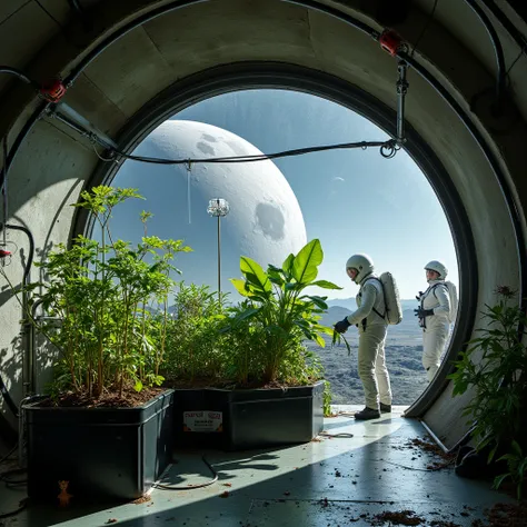 IMG_1018.CR2, Moon Base, An ecological experimental zone within the lunar base where various plants grown in simulated Earth environments are thriving. Under the transparent dome, hydroponic systems and lighting equipment are readily available, and astrona...