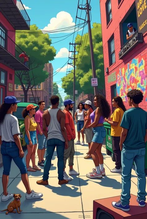  making an image shows an animated Cartoon-style scene of a street event in an urban neighborhood,  with elements that gather Get involved in hip-hop culture . At the center,  several people are gathered in a circle ,  some wearing loose and stylish clothe...