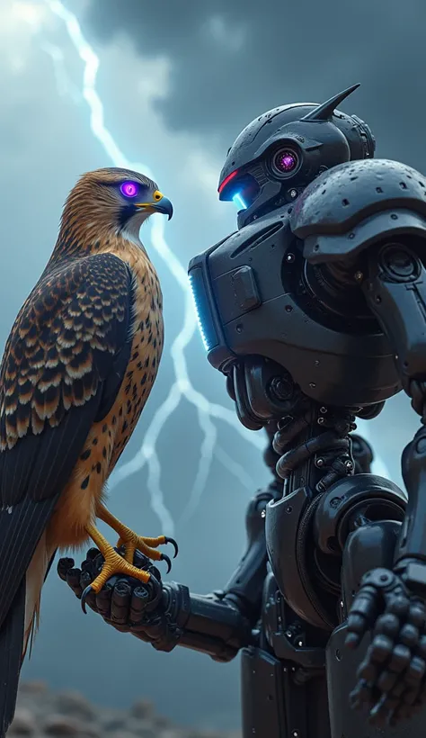 Ultra realistic "A striking falcon with bright violet eyes floats next to a futuristic, state-of-the-art robot with full-body weapons, face to face, they are about to fight. The background is dramatic, with stormy clouds and lightning that frame their dyna...