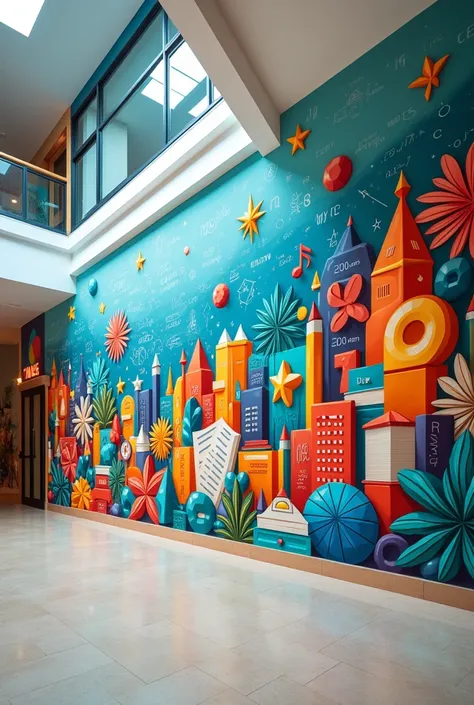 Look at the world
University mural ，Enlarge the photo left and right
The content is stationery，book，mathematical musical symbols， Dont want characters and plants
Simple structure ，Dont be too messy and complicated ，Bright colors